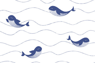 Seamless wavy pattern with whales in the sea. Ocean currents and mammals. Vector sea life on white background. Wild animals in the aquatic environment