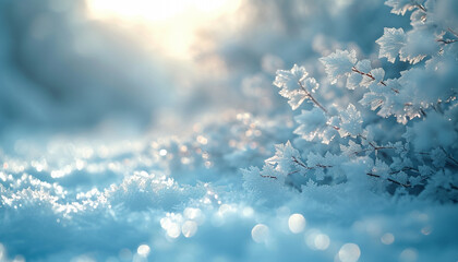 Frosty snowflakes on branches against a soft, glowing blue winter background.