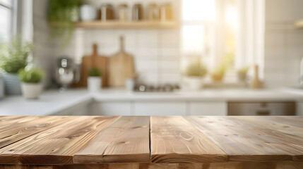 Wooden board empty table in front of blurred background. Perspective brown wood over blur in kitchen and window shelves blurred background - can be used for display or montage your products. Mock up f