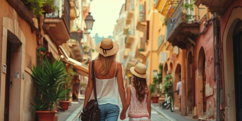 A mother and her daughter exploring the narrow alleyways of Nice, France on a family vacation.