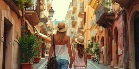 Fotobehang Smal steegje A mother and her daughter exploring the narrow alleyways of Nice, France on a family vacation.