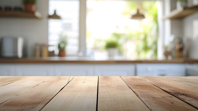 Wooden board empty table in front of blurred background. Perspective brown wood over blur in kitchen and window shelves blurred background - can be used for display or montage your products. Mock up f