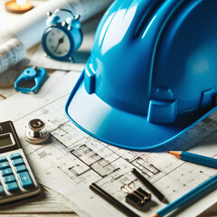 Blue hard hat on architect desk with blueprint and tools. Engineering background.