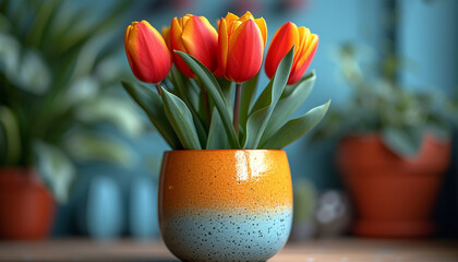 Fresh red tulips in a speckled orange and yellow ceramic vase on a wooden table.