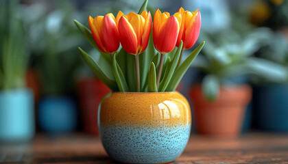 Fresh red tulips in a speckled orange and yellow ceramic vase on a wooden table.