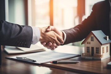 Real estate agency manager and agent seal deal with clients after signing home purchase agreement. - obrazy, fototapety, plakaty