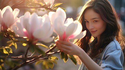 Teenager girl enjoy the fragrance and beauty of magnolia flowers. Large blooming bush in the spring park. Springtime, mental health, no allergy