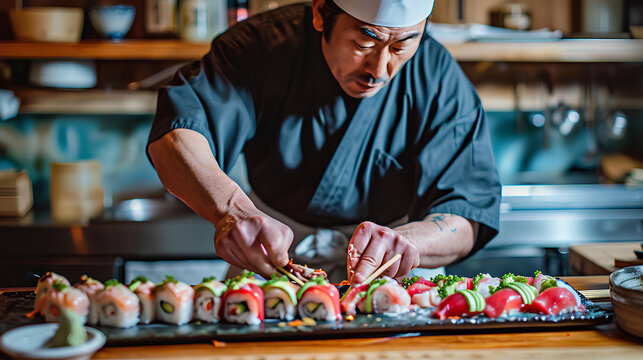 A skilled sushi chef meticulously crafting a dragon roll, delicately placing vibrant pieces of tuna, avocado, and cucumber on the rice bed