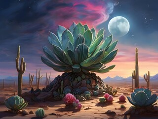 Moonlit Dusk in the Desert: A Serene Landscape Adorned with Vibrant Succulents and Cacti under a Starlit Sky, generative AI