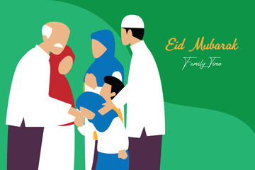 Three generation family celebrating eid mubarak flat 2d vector illustration