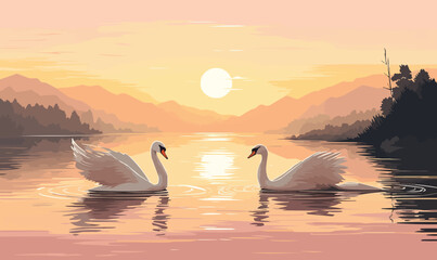 Swans in the lake. Vector illustration