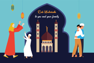 Happy muslim people congratulate each other celebrating Eid al-Fitr flat 2d vector illustration