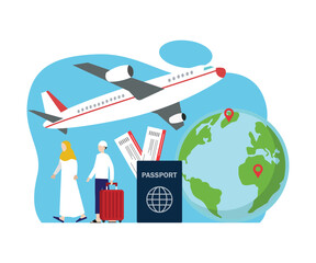 Muslim man and woman traveling by plane flat 2d vector illustration