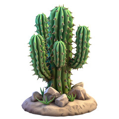 A cactus plant with rocks on a white background.