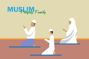 Muslim family praying together flat 2d vector illustration