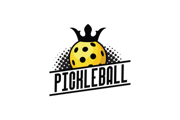 pickleball king logo with a combination of a ball and a king's crown with a halftone effect and retro style.