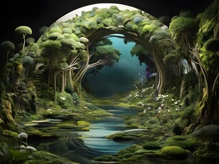 Enchanted Forest: A Serene River Flows Under a Canopy of Lush Greenery Illuminated by Soft, Mystical Light, generative AI