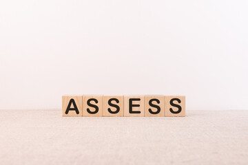 Assess word made of building blocks on a light background