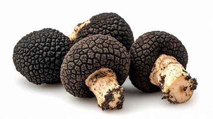 Pungent black truffle fungi against a white backdrop.