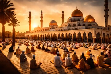  A beautiful mosque bathed in golden light at sunset, with worshippers gathering for Maghrib prayers during the holy month of Ramadan.  - obrazy, fototapety, plakaty