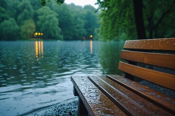 Fototapeta premium Lakeside bench in close proximity.