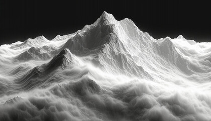 Cloud-Enveloped Mountain Summit. A majestic mountain summit stands above cloud-filled valleys in a monochrome dreamscape.