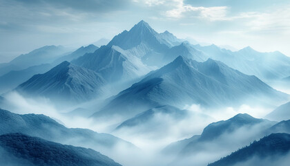 Blue Misty Mountain Layers. Ethereal layers of blue mountains fading into mist, capturing a tranquil morning atmosphere.