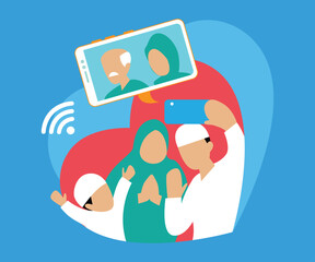 Muslim man making video call to friends and family celebrating ied mubarak flat 2d vector illustration