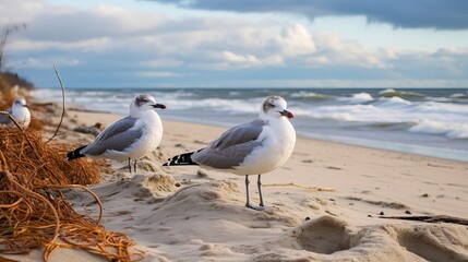 Winter cloudy seaside landscape. Birds against the background of the Baltic Sea. Photo taken in Gdynia, Poland