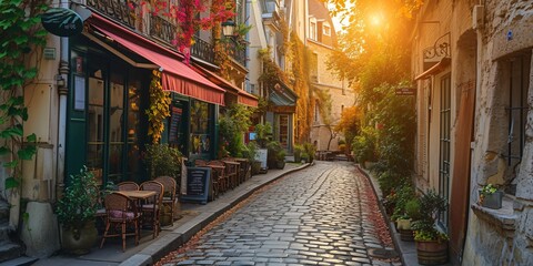 Fototapeta premium Quaint Parisian neighborhood with charming buildings and iconic attractions.