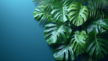 Lush tropical leaves arranged on a deep blue background, creating a sense of a dense jungle canopy.