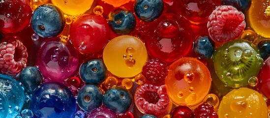 Fototapeta na wymiar Different colored berries floating in a liquid create a vibrant pattern resembling a close-up view of organisms in electric blue, red, and magenta.