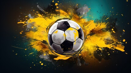 banner with soccer ball and display for text on dark green and yellow background with paint effect