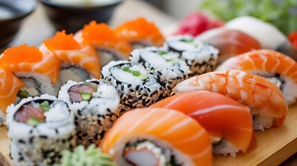 Tasty assortment of sushi rolls.