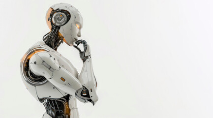 banner thoughtful white robot think or cyborg. concept of technology, androids, artificial intelligence, computer science, course advertising. mock-up, space for text idea