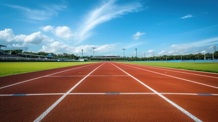 empty red running track at an outdoor stadium. against the background of blue sky and sun. running competition concept sport