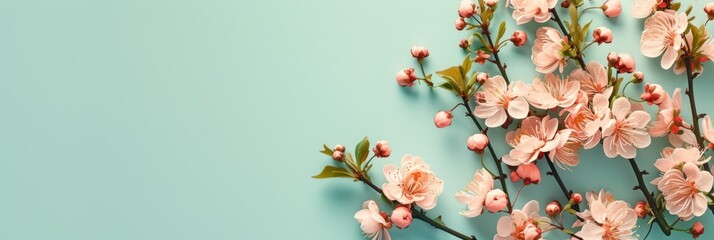 banner blossoming branch of apple or cherry tree with pink flowers. green background. defocus. soft focus. place for text, mock-up