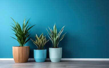 Cozy stylish minimalistic interior. The indoor potted plants decoration in modern room with a wooden floor and blue wall. AI Generative.