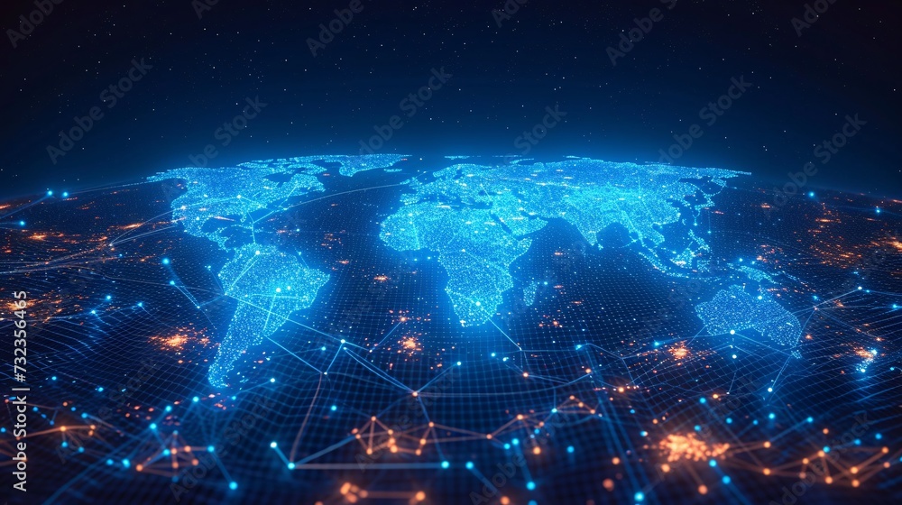 Sticker the interconnectedness of a worldwide network shown through a world map with dots and lines, represe