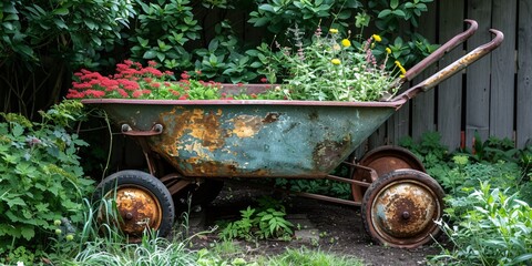 Metal garden cart with spade and brooms. - obrazy, fototapety, plakaty