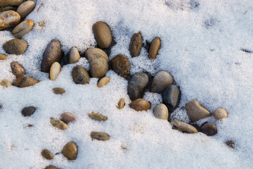 Snow on the cobblestone ground