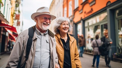 Elderly couple joyfully strolling in the city during springtime, embracing their retirement and exploring the streets.