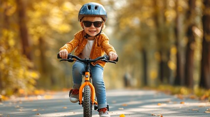 Cheerful young lad wearing shades and protective gear riding a balance bicycle for morning exercise.
