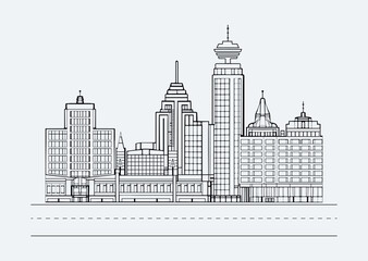 Vector Cityscape Line Drawing and Architecture Outline Illustration.