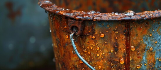 A detailed shot of a weathered metal bucket, adorned with water droplets, showcasing the beauty of natural materials. - obrazy, fototapety, plakaty