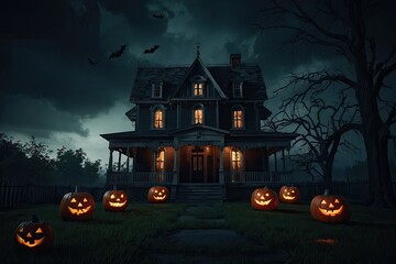 Halloween Haunted house, creepy and deadly house with jack o lantern pumkin