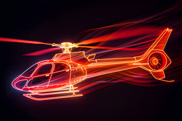 Vibrant neon wireframe helicopter with dynamic light trails isotated on black background. Created with generative AI.