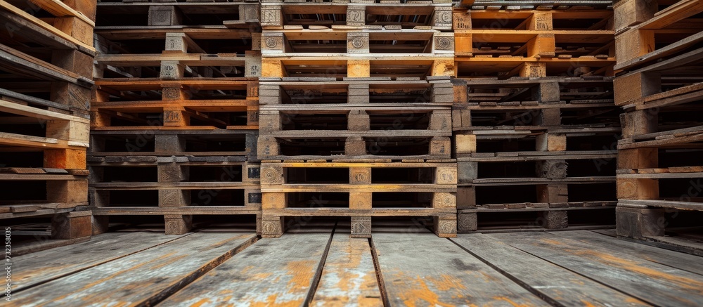Poster the room is constructed with a symmetrical arrangement of wooden pallets stacked on top of each othe