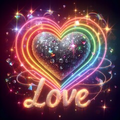 Glowing rainbow heart with love in lights background. 