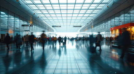 Abstract Background. abstract motion blur image of people crowd walking to travel and transport at airport or train station, transportation concept